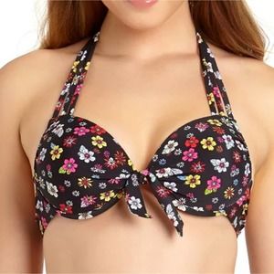 California Waves Strappy Underwire Push Up Bikini Swim Top in Black Floral Large